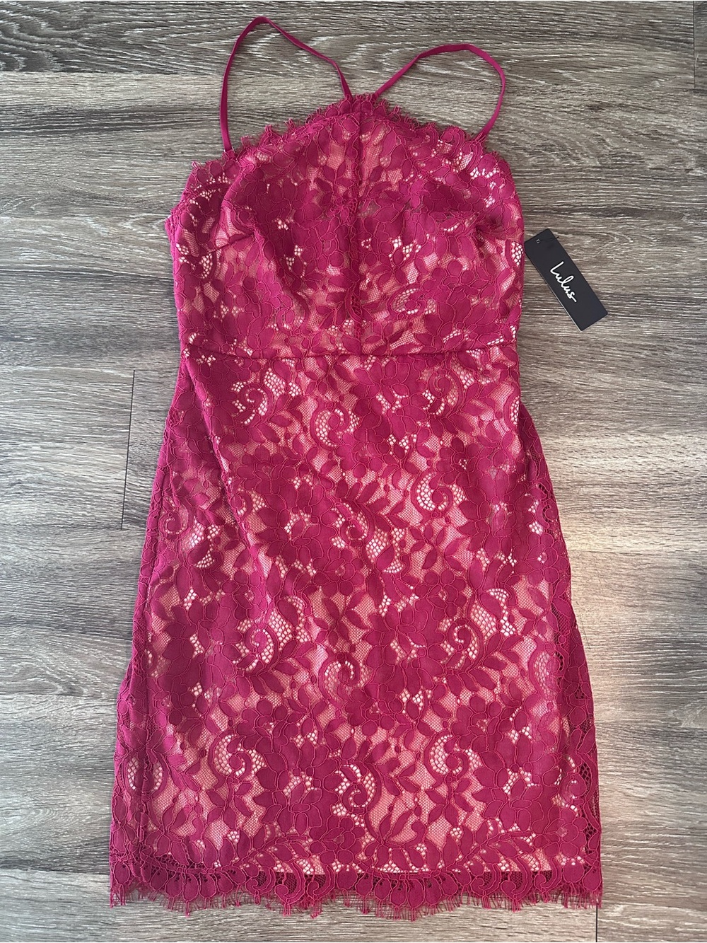 Lulu's Stunning Moment Wine Red Lace Halter Bodycon Mini Dress, XS, red
